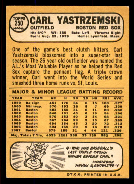 1968 Topps Baseball #250 Carl Yastrzemski Red Sox NR-MT 545347