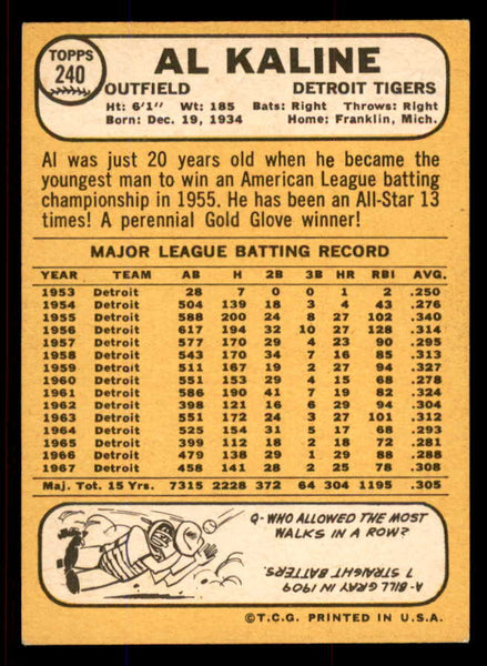 1968 Topps Baseball #240 Al Kaline Tigers NR-MT 545349