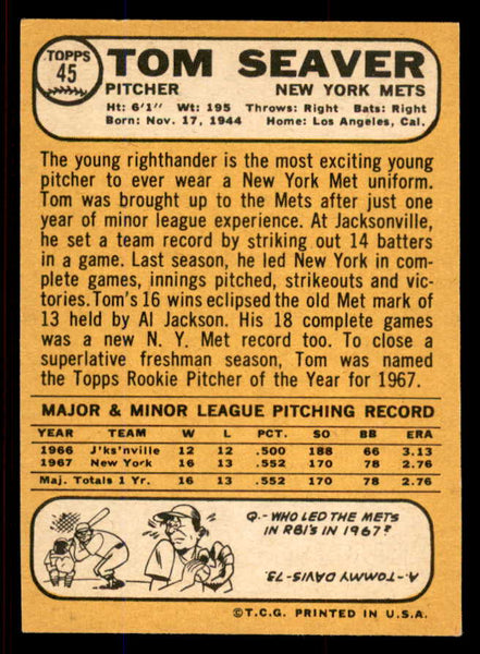 1968 Topps Baseball #045 Tom Seaver Mets NR-MT 545353