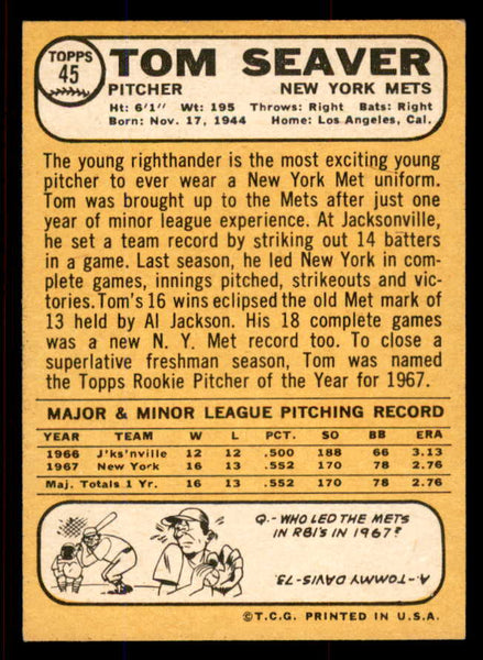 1968 Topps Baseball #045 Tom Seaver Mets EX-MT 545354