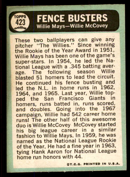 1967 Topps Baseball #423 Willie Mays Willie McCovey VG-EX 545400