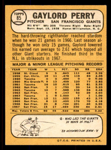 1968 Topps Baseball #085 Gaylord Perry Giants NR-MT 545436