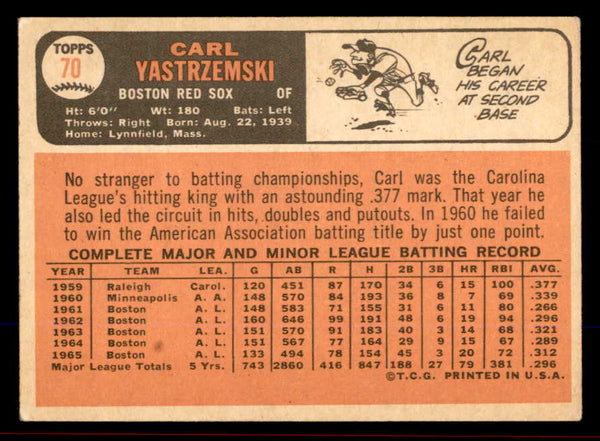 1966 Topps Baseball #070 Carl Yastrzemski Red Sox EX-MT 545530