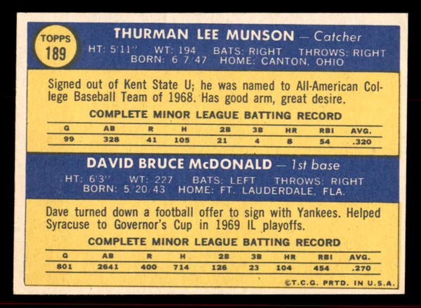 1970 Topps Baseball #189 Thurman Munson Yankees EX+/EX-MT 545607