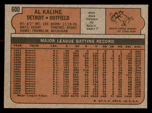 1972 Topps Baseball #600 Al Kaline Tigers EX 545648