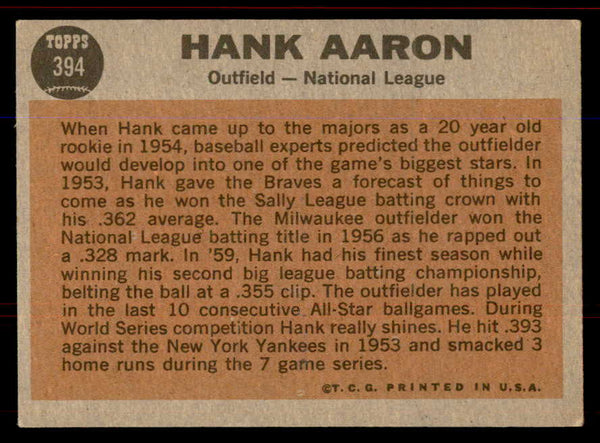 1962 Topps Baseball #394 Hank Aaron A.S. Braves EX+/EX-MT 545700