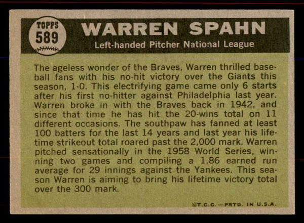 1961 Topps Baseball #589 Warren Spahn A.S. Braves NR-MT 545729