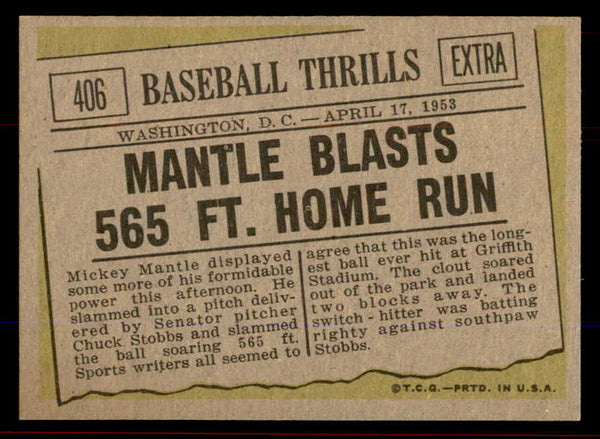 1961 Topps Baseball #406 Mickey Mantle IA Yankees EX-MT 545735