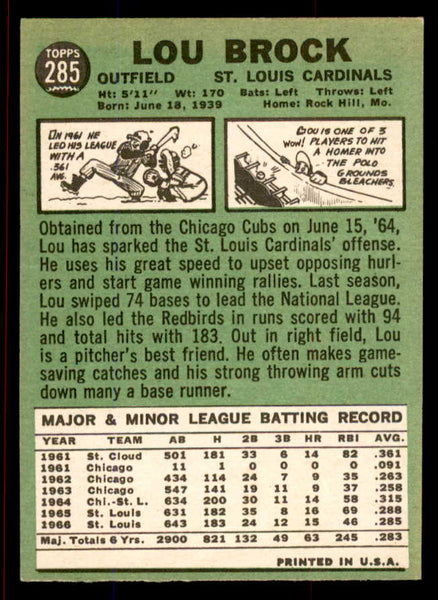 1967 Topps Baseball #285 Lou Brock Cardinals EX+/EX-MT 545775