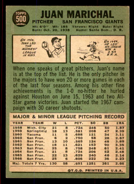1967 Topps Baseball #500 Juan Marichal Giants EX-MT 545808