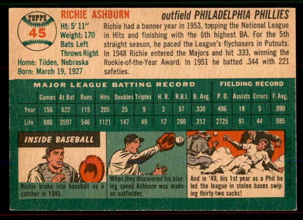 1954 Topps Baseball #045 Richie Ashburn Phillies EX-MT 545847