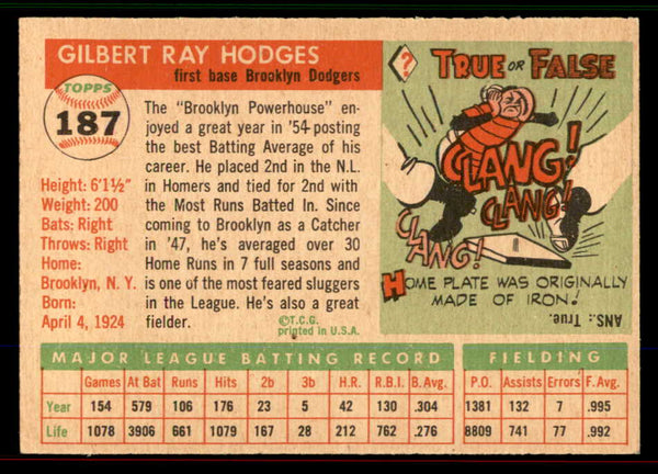 1955 Topps Baseball #187 Gil Hodges Dodgers EX-MT 545853
