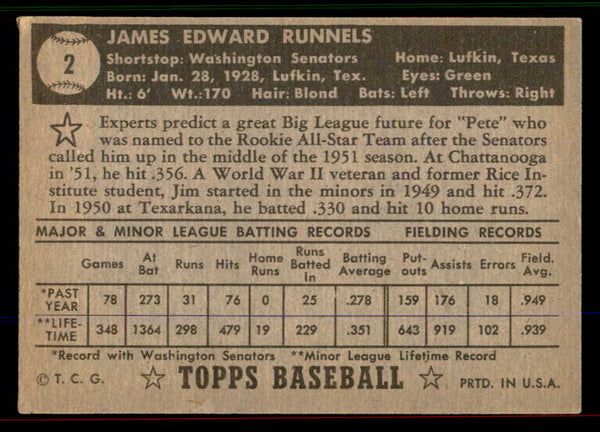1952 Topps Baseball #002 Pete Runnels Senators VG-EX Black 545862