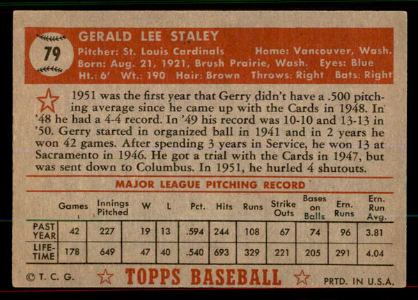 1952 Topps Baseball #079 Gerry Staley Cardinals EX-MT Red 545873