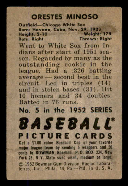 1952 Bowman Baseball #005 Minnie Minoso White Sox VG-EX 545894