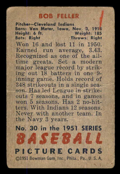 1951 Bowman Baseball #030 Bob Feller Indians Good 545901