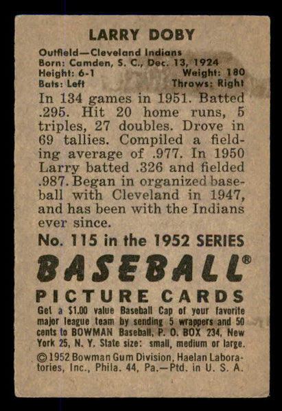 1952 Bowman Baseball #115 Larry Doby Indians VG-EX 545904