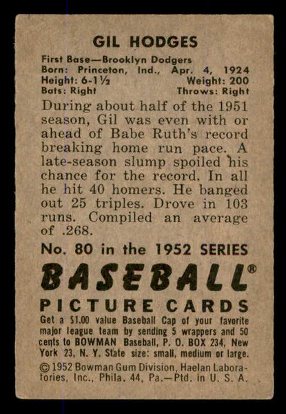 1952 Bowman Baseball #080 Gil Hodges Dodgers VG-EX 545907