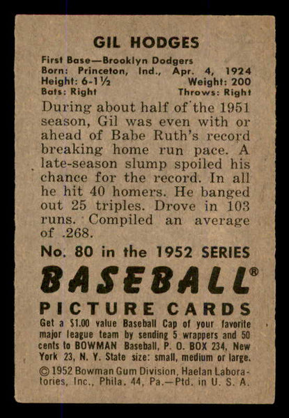 1952 Bowman Baseball #080 Gil Hodges Dodgers EX 545908