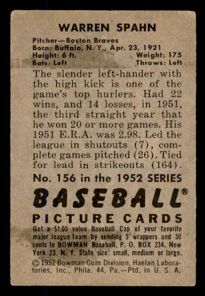 1952 Bowman Baseball #156 Warren Spahn Braves VG-EX 545910