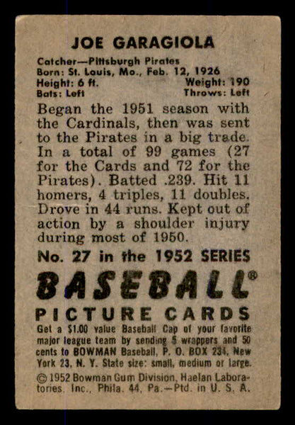 1952 Bowman Baseball #027 Joe Garagiola Pirates VG-EX 545918
