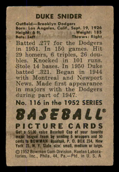 1952 Bowman Baseball #116 Duke Snider Dodgers VG 545924