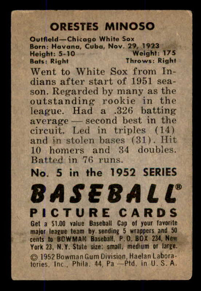 1952 Bowman Baseball #005 Minnie Minoso White Sox VG-EX 545926