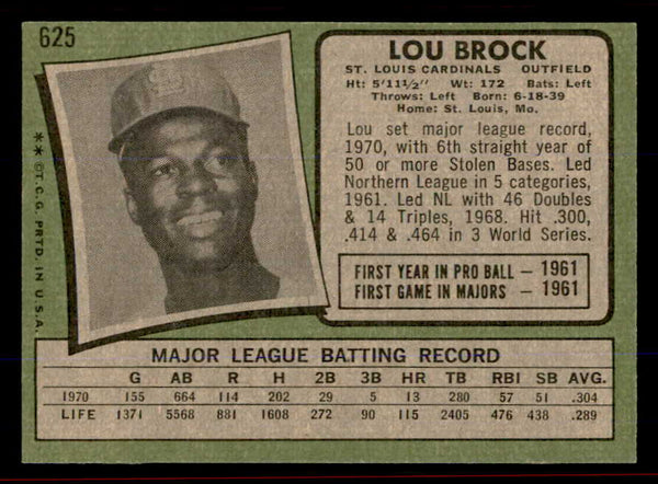 1971 Topps Baseball #625 Lou Brock Cardinals EX-MT/NR-MT 545937