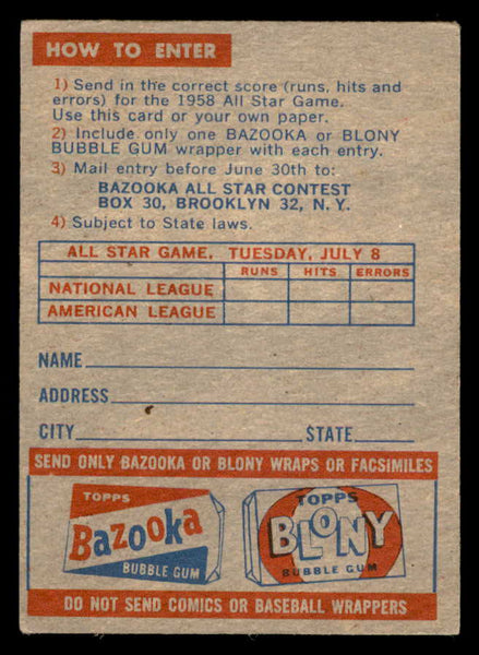 1958 Topps Baseball Contest Card GD-VG 545979