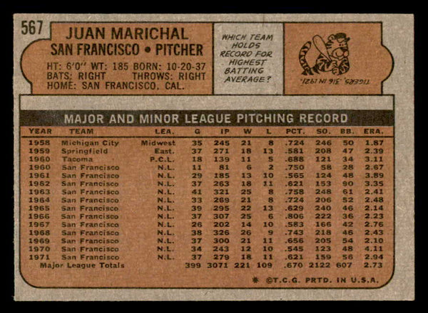 1972 Topps Baseball #567 Juan Marichal Giants EX-MT 546089