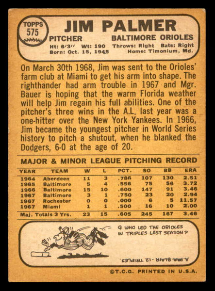 1968 Topps Baseball #575 Jim Palmer Orioles VG-EX 546094