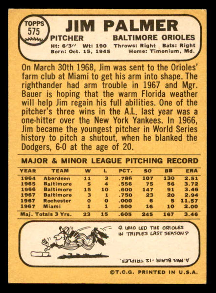 1968 Topps Baseball #575 Jim Palmer Orioles EX-MT 546095