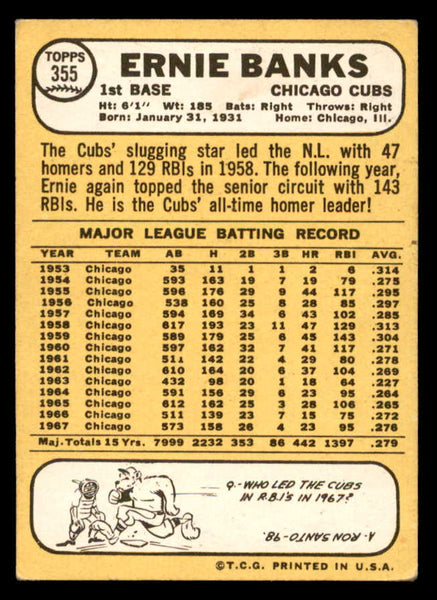 1968 Topps Baseball #355 Ernie Banks Cubs EX 546115