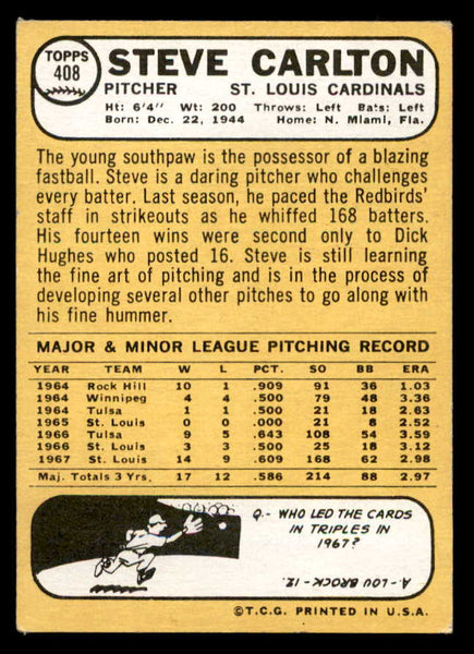1968 Topps Baseball #408 Steve Carlton Cardinals VG-EX 546118