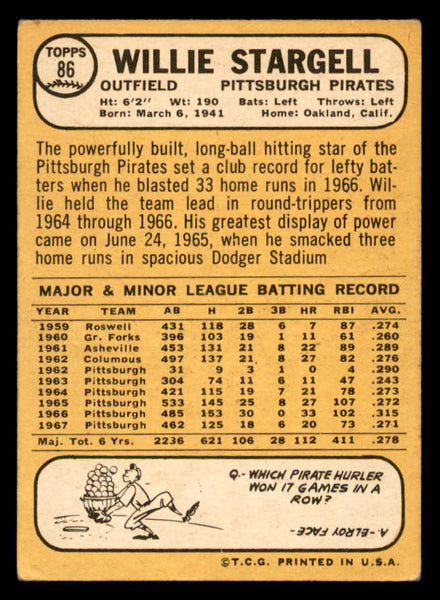 1968 Topps Baseball #086 Willie Stargell Pirates VG-EX 546126