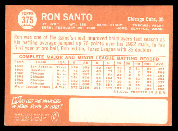 1964 Topps Baseball #375 Ron Santo Cubs EX+/EX-MT 546182