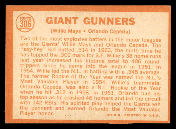1964 Topps Baseball #306 Willie Mays Orlando Cepeda VG-EX 546185
