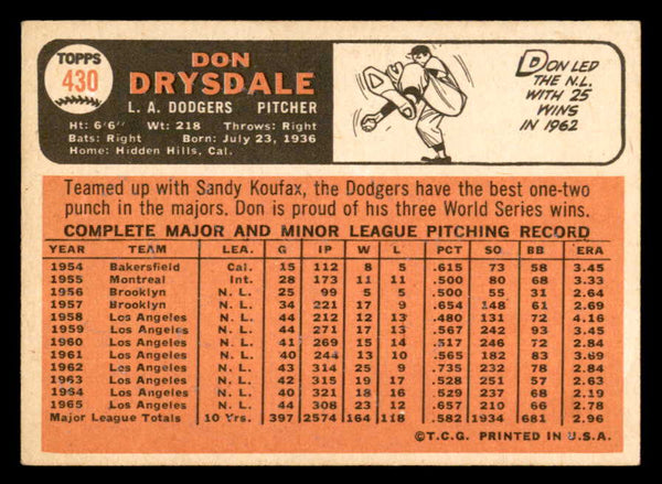 1966 Topps Baseball #430 Don Drysdale Dodgers VG-EX 546220