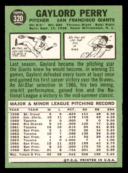 1967 Topps Baseball #320 Gaylord Perry Giants EX-MT 546255