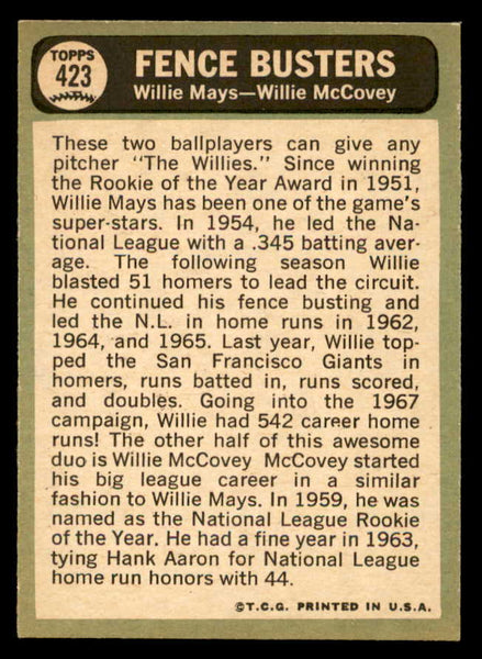 1967 Topps Baseball #423 Willie Mays Willie McCovey EX+/EX-MT 546272