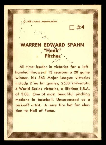 1968 Sports Memorabilia #004 Warren Spahn Signed Autographed