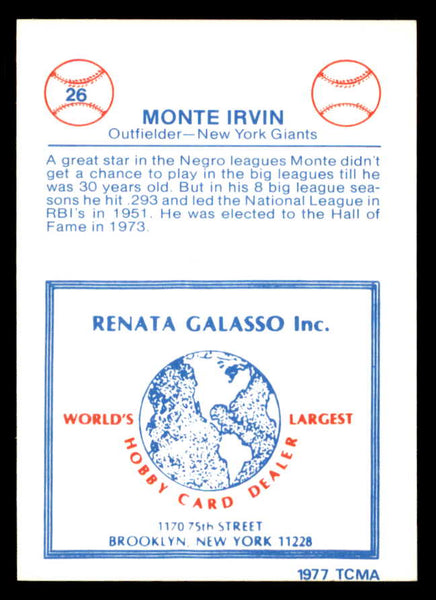 1977 TCMA #026 Monte Irvin Giants Signed Autographed