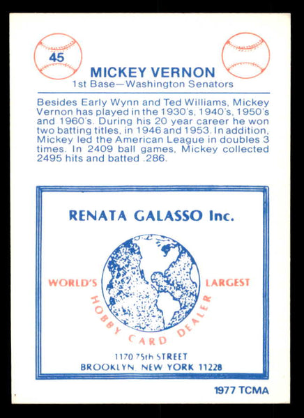 1977 TCMA #045 Mickey Vernon Senators Signed Autographed