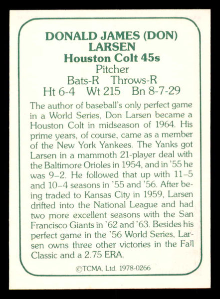 1978 TCMA #266 Don Larsen Colt .45s Signed Autographed