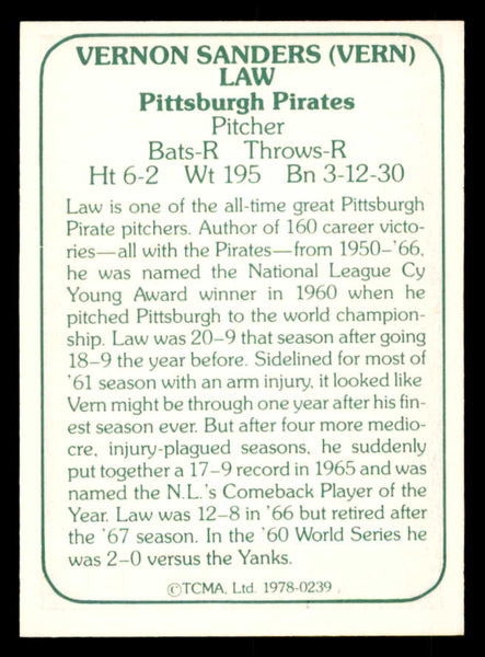1978 TCMA #239 Vern Law Pirates Signed Autographed