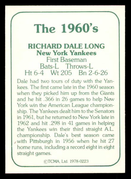 1978 TCMA #223 Dale Long Yankees Signed Autographed