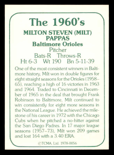 1978 TCMA #056 Milt Pappas Orioles Signed Autographed
