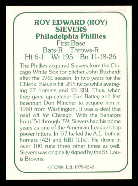 1978 TCMA #242 Roy Sievers Phillies Signed Autographed