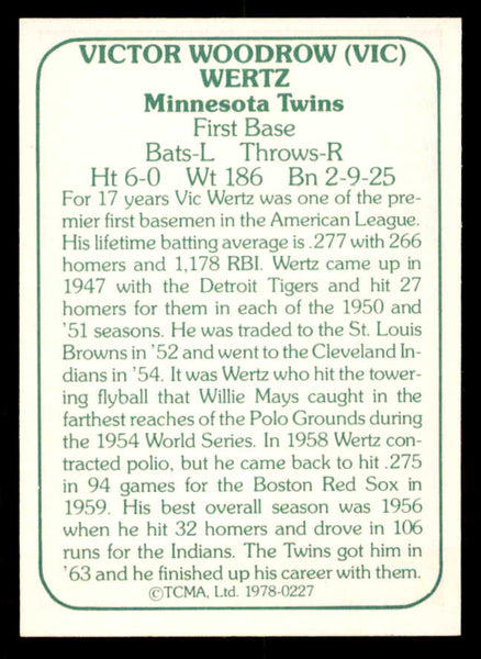 1978 TCMA #227 Vic Wertz Twins Signed Autographed
