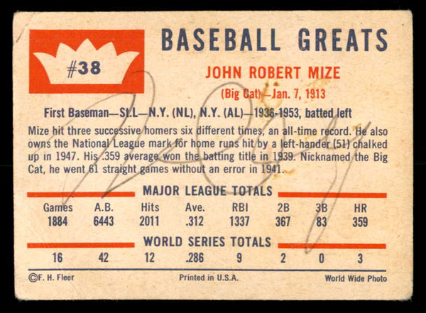 1960 Fleer #038 Johnny Mize Yankees Signed Autographed
